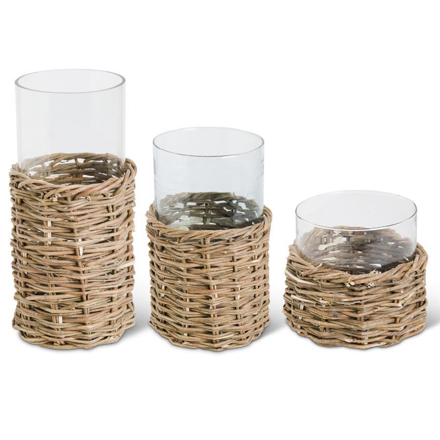 Medium Clear Glass Cylinders in Woven Rattan Basket