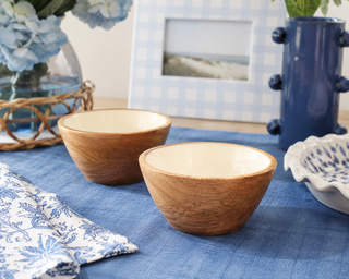 Set of 2   Indy Home Mango Wood & Enamel Mini Bowls
