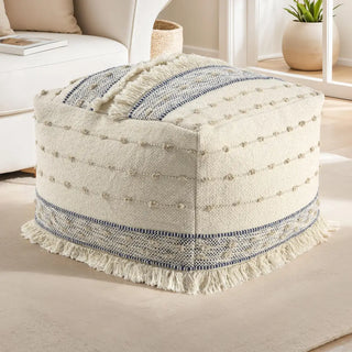 Transitional Striped Indoor Pouf   Blue/Ivory
