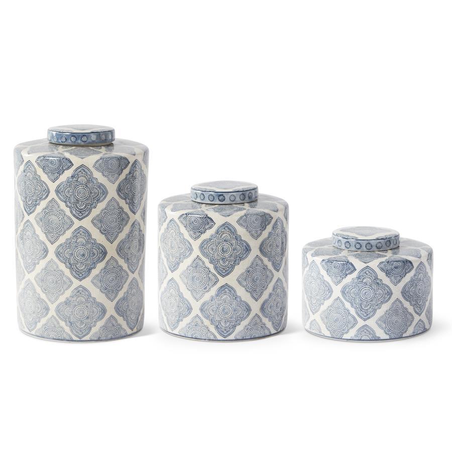 Small Blue and White Quatrafoil Pattern Containers w Lids