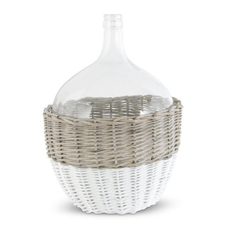 21 Inch Clear Glass Bottle in White and Tan Wicker Basket
