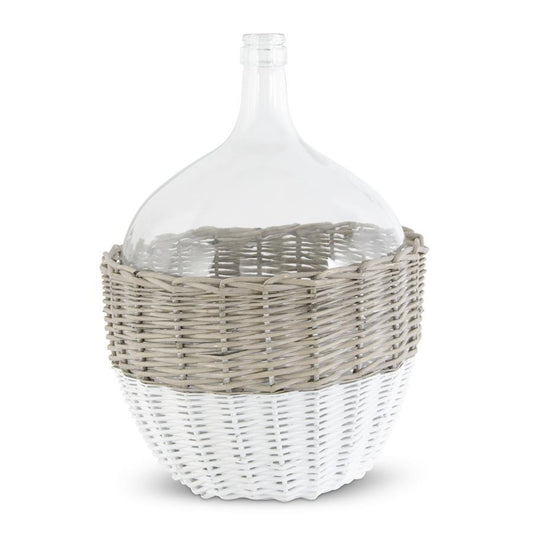 21 Inch Clear Glass Bottle in White and Tan Wicker Basket