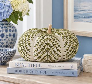 10 Inch Cream & Green Foliage Knit Pumpkin w/Wood Stem
