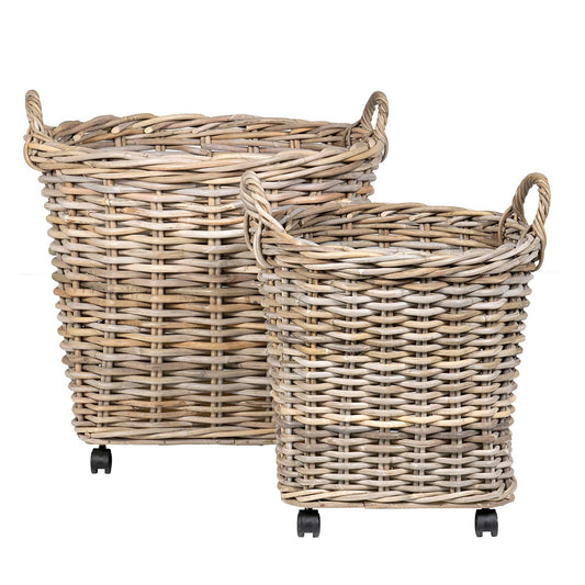 Mona Round Rattan Storage Baskets with Wheels Small