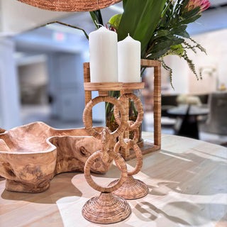Set of 2   Rattan Wrapped Ring Pillar Candlestick   13.5"H   Natural
