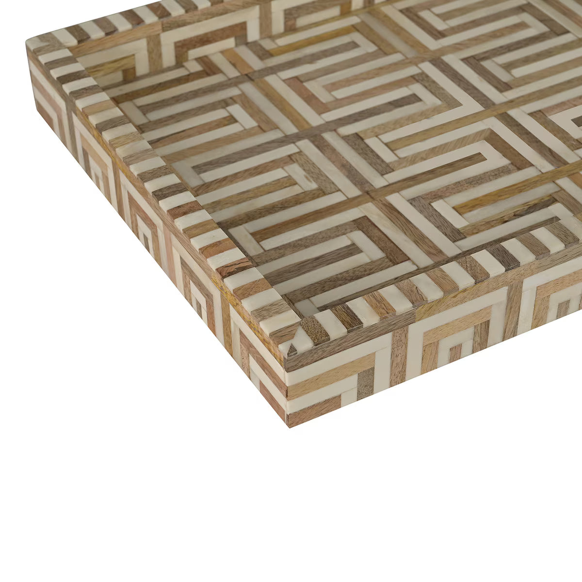 Wooden Rectangle Geometric Tray, 19''W, Natural and White