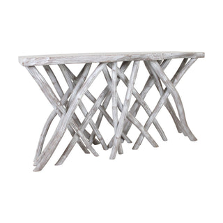 Roell Teak Top 55"W Console Table with Natural Root Base, Whitewash
