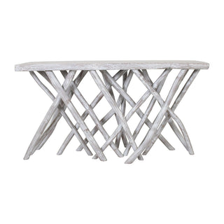 Roell Teak Top 55"W Console Table with Natural Root Base, Whitewash
