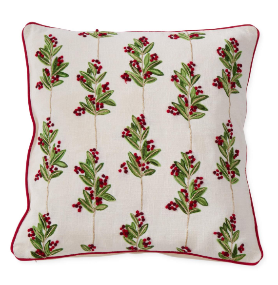 20 Inch Cream Cotton Pillow w/Holly Leaves & Berries