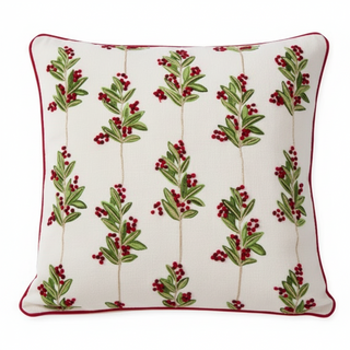 20 Inch Cream Cotton Pillow w/Holly Leaves & Berries
