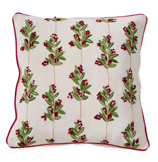 20 Inch Cream Cotton Pillow w/Holly Leaves & Berries