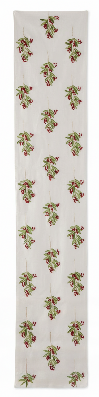 72 Inch Cream Cotton Table Runner w/Holly Leaves & Berries
