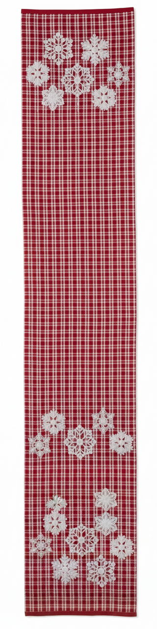 72 Inch Red & White Plaid Table Runner w/Embroidered Snowflakes
