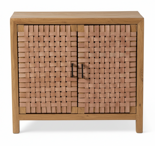 38 Inch Handcrafted Woven Tan Buffalo Leather & Acacia Wood 2 Door
