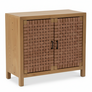 38 Inch Handcrafted Woven Tan Buffalo Leather & Acacia Wood 2 Door
