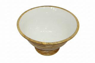 Enamel and Mangowood Round Pedestal Bowl   White/Natural

