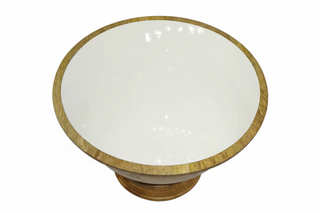 Enamel and Mangowood Round Pedestal Bowl   White/Natural
