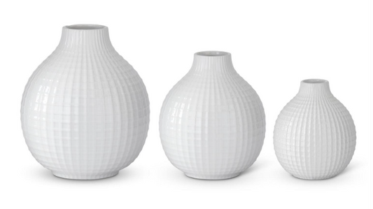 Glossy White Ceramic Grid Vase - Large