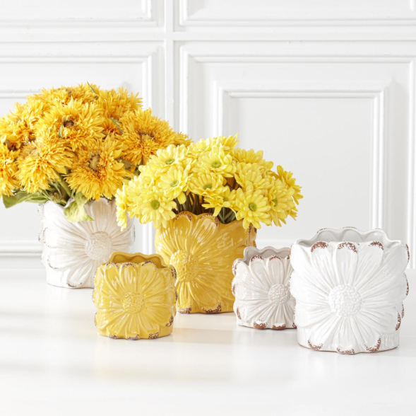 Distressed White Ceramic Sunflower Pot - Small