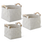 Round Woven Cream Felt Nesting Baskets w/Wood Handles - Medium