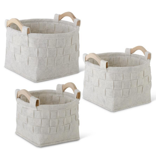 Round Woven Cream Felt Nesting Baskets w/Wood Handles - Large