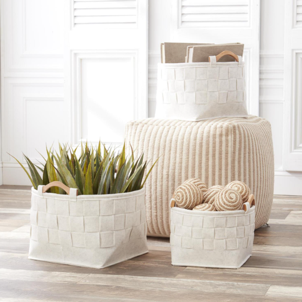 Round Woven Cream Felt Nesting Baskets w/Wood Handles - Medium