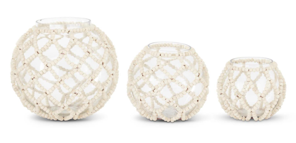 7.5 Inch Round Clear Glass Vase with Wood Bead Netting