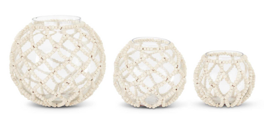 7.5 Inch Round Clear Glass Vase with Wood Bead Netting