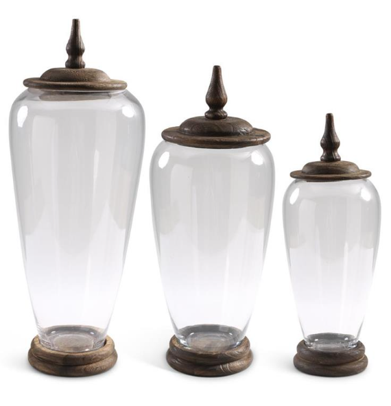 GLASS JARS W/WOOD BASE AND LIDS - Large