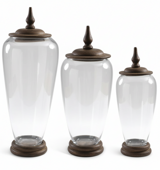 GLASS JARS W/WOOD BASE AND LIDS   Large
