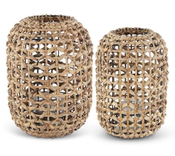 13.5 Inch Natural Water Hyacinth Grass Lantern with Glass Votive