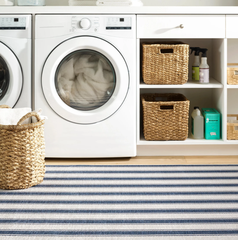 Blue Awning Stripe Machine Washable Rug