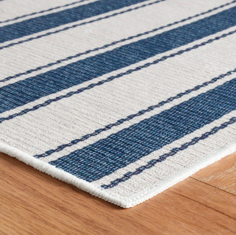 Blue Awning Stripe Machine Washable Rug