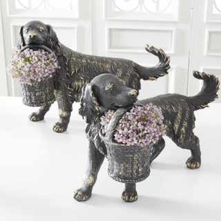 23.5 INCH RESIN BLACK & GOLD DOG STATUE W/BASKET PLANTER
