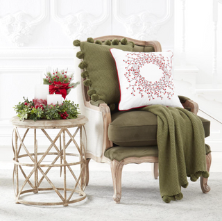 20 INCH SAGE GREEN MOSS STITCH KNIT PILLOW W/POMPOM TRIM

