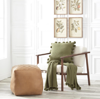 20 INCH SAGE GREEN MOSS STITCH KNIT PILLOW W/POMPOM TRIM

