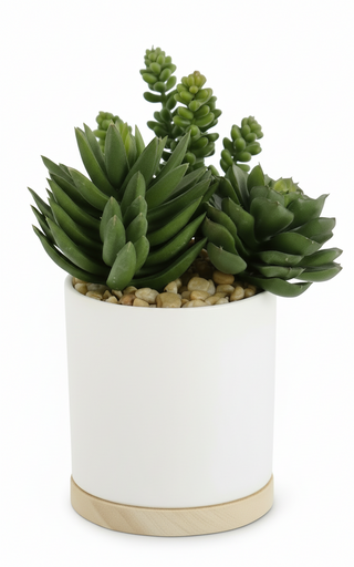 Succulents in Ceramic White Pot with Natural Wood Base III
