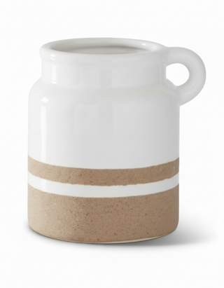6 Inch White with Tan Stripes Ceramic Jug I
