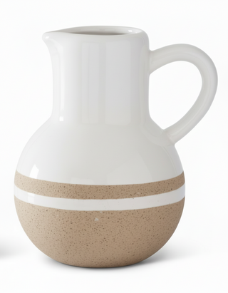 4.5 Inch White with Tan Stripes Ceramic Jug V
