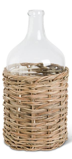 Large Clear Glass Bottles in Woven Rattan Basket
