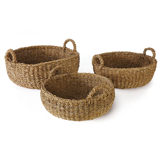 Seagrass Shallow Baskets with Handles   Set of 3
