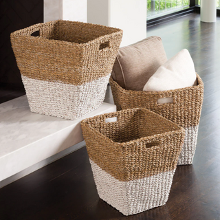 Seagrass Rectangular Baskets with Handles NAT/WHT (Set of 3)
