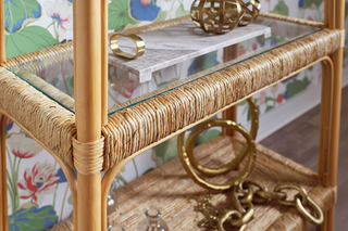 Hawthorn   Rattan Etagere with Seagrass Wrapped and Clear Glass Shelves
