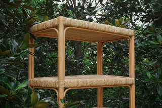 Hawthorn   Rattan Etagere with Seagrass Wrapped and Clear Glass Shelves
