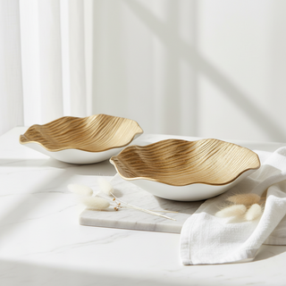 Set of 2   Organic Bowls With Ribbed Texture   Gold/Matte White
