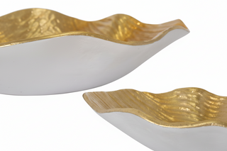 Set of 2   Organic Bowls With Ribbed Texture   Gold/Matte White
