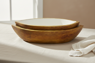 Set of 2   Enamel and Mangowood Boat Bowls   White/Natural
