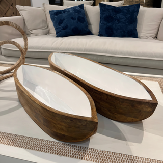 Set of 2   Enamel and Mangowood Boat Bowls   White/Natural
