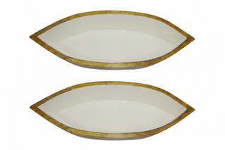 Set of 2   Enamel and Mangowood Boat Bowls   White/Natural

