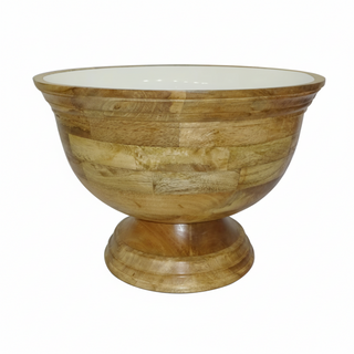 Enamel and Mangowood Round Pedestal Bowl   White/Natural
